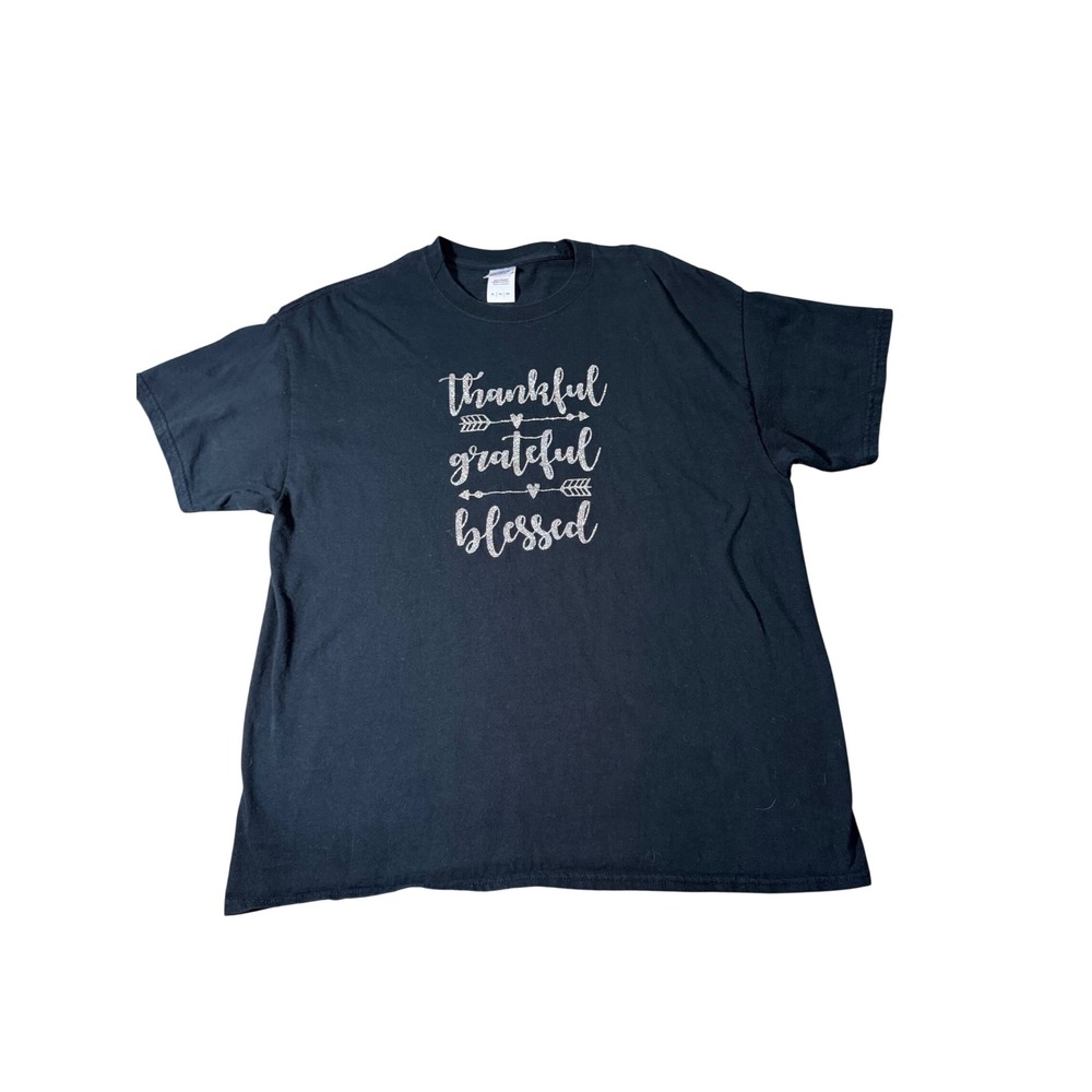 Gildan Heavy Cotton Black Graphic T-Shirt Thankful Grateful Blessed Silver XL